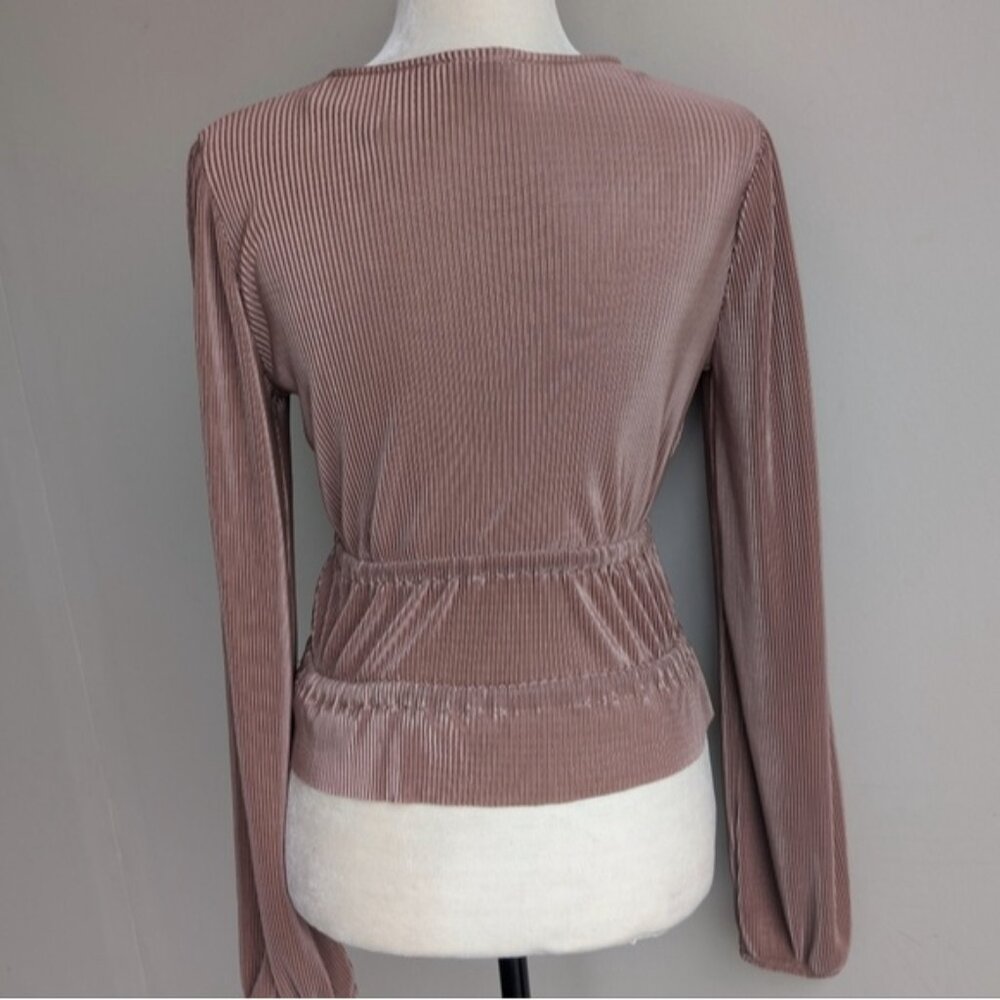 Zara Pleated Plisse Long Sleeve Blouse Dusty Taupe - Picture 4 of 5